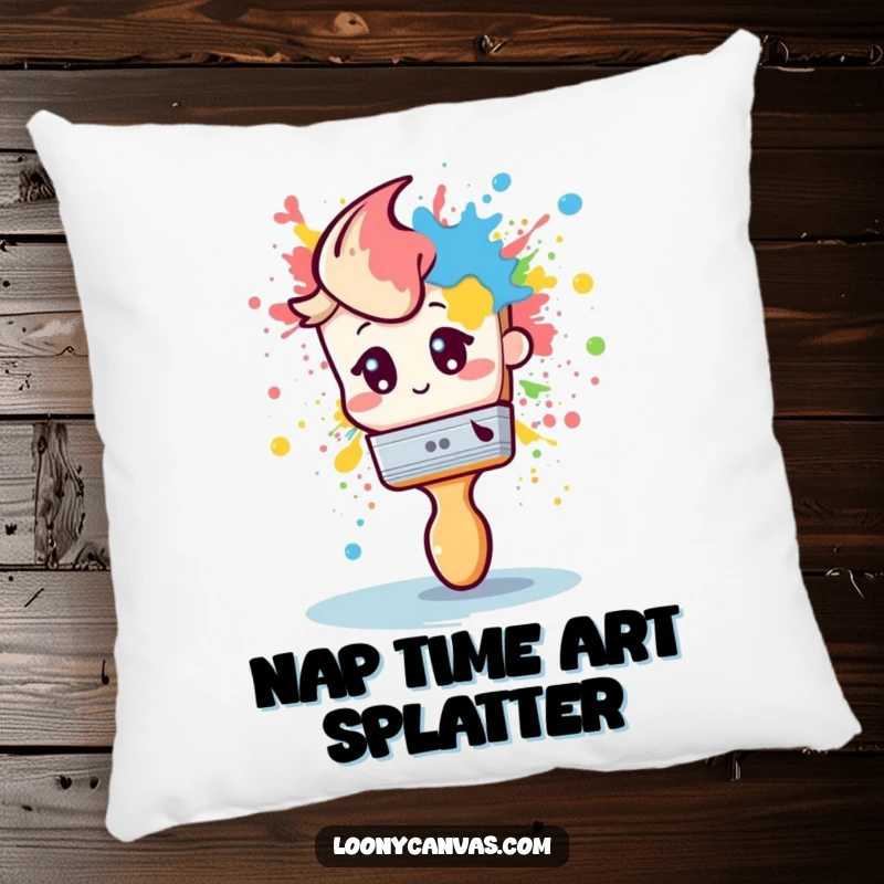 Funny pillow showcasing a shy paintbrush dramatically splattering paint, a humorous accent for sofas and beds.