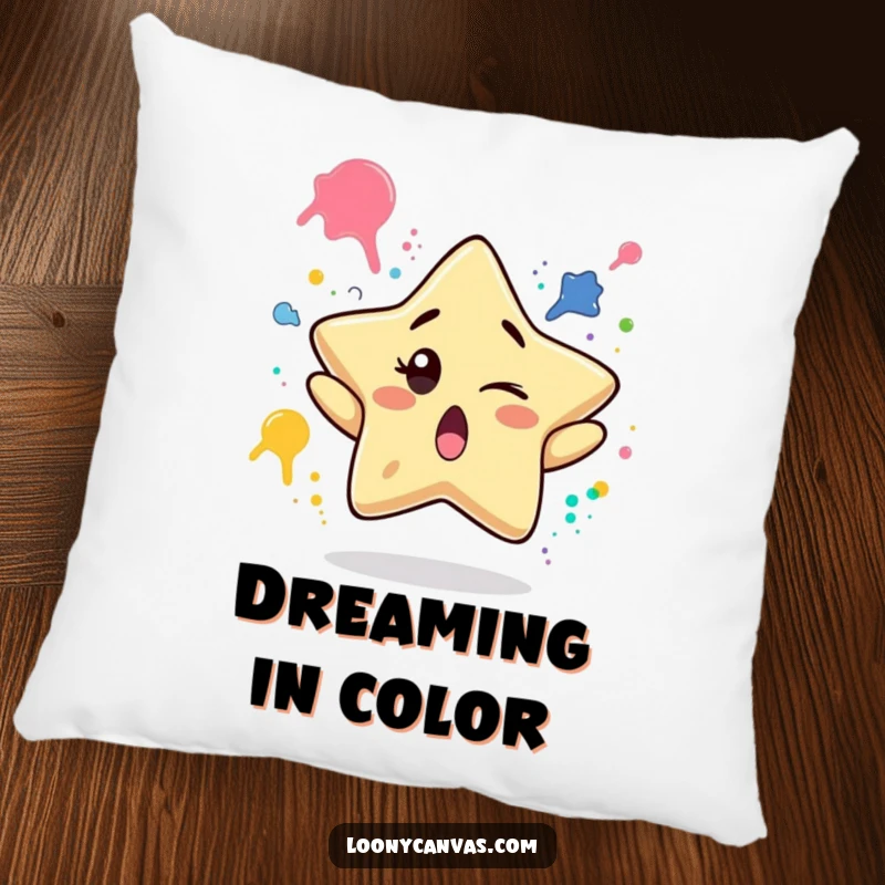 Funny pillow featuring a surprised star character winking while juggling paint splatters, providing soft comfort and artistic humor.