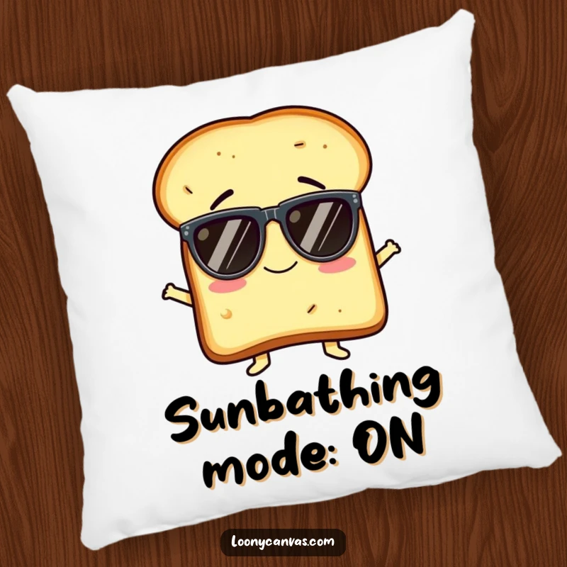 Funny pillow featuring a giggling slice of toast character joyfully attempting to wear oversized sunglasses, adding whimsy to any room.