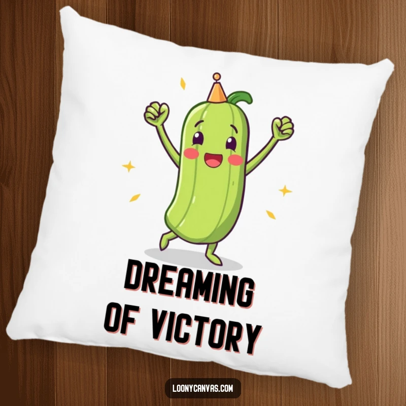 Funny pillow featuring a triumphant pickle character doing a lively victory dance, adding a celebratory touch to any room.