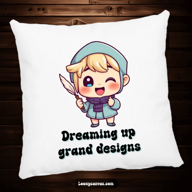 Funny pillow featuring a cheerful character enthusiastically writing with a quill, offering comfort and creative inspiration.