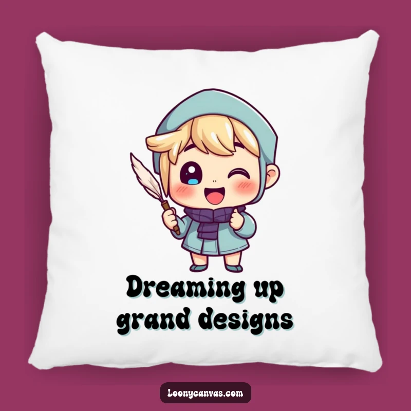 Funny Writing Pillow: Cheerful Character Enthusiastic Quill Writing Cozy Cushion Gift