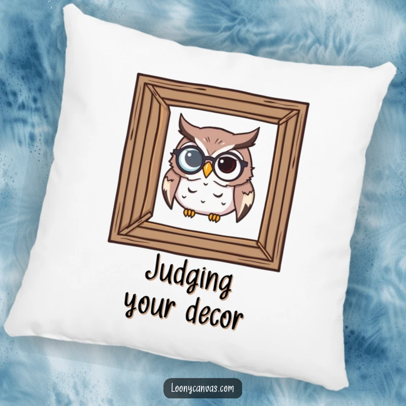 Funny pillow featuring a determined owl with a monocle carefully examining a crooked frame, bringing critical comfort.