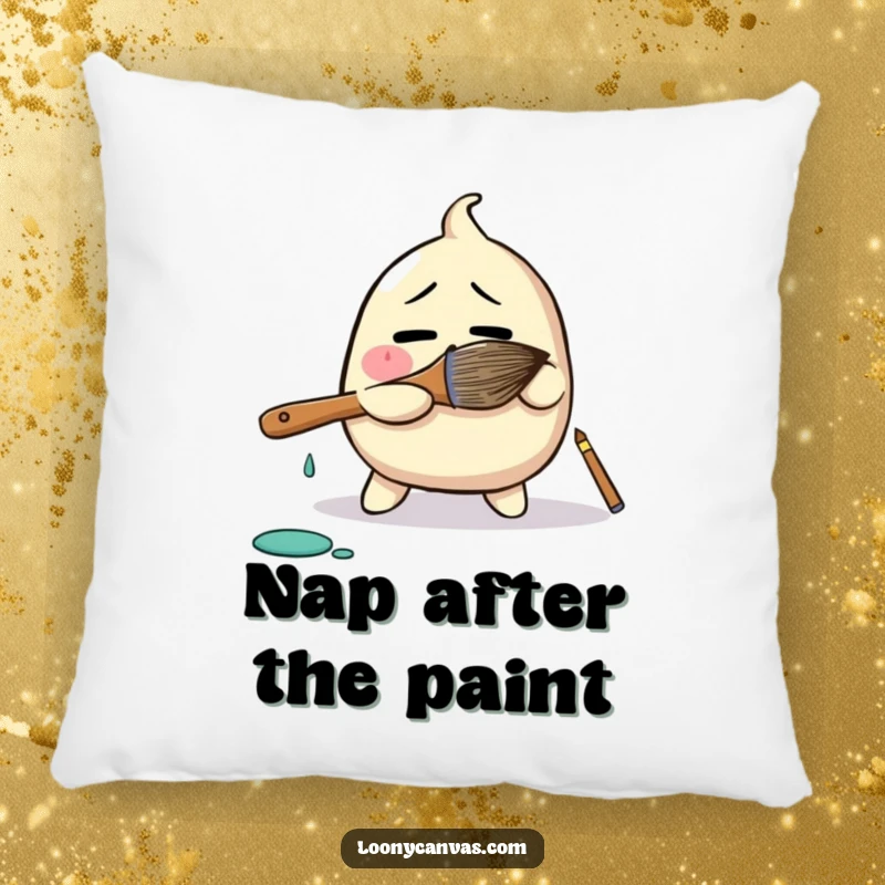 Funny pillow featuring a bewildered blob character comically wrestling a giant paintbrush, providing comfort and a humorous artistic statement.