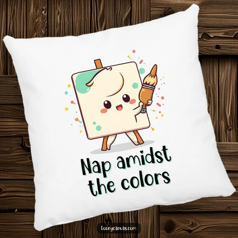 Funny Kawaii paintbrush character, determinedly painting a splattered canvas, a soft and humorous decorative pillow.