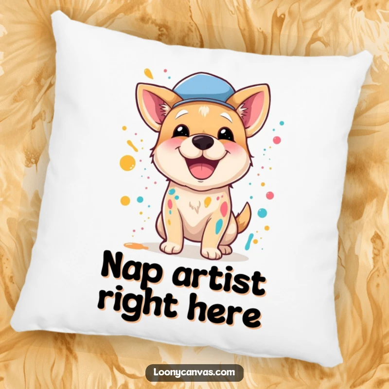 Funny pillow featuring a happy dog wearing a beret, enthusiastically splattering paint, bringing artistic chaos to comfort.