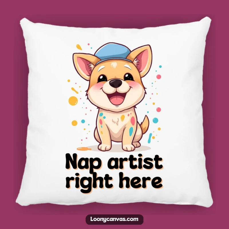 Funny Dog Artist Pillow: Comfy Decor with a Wildly Creative Pup
