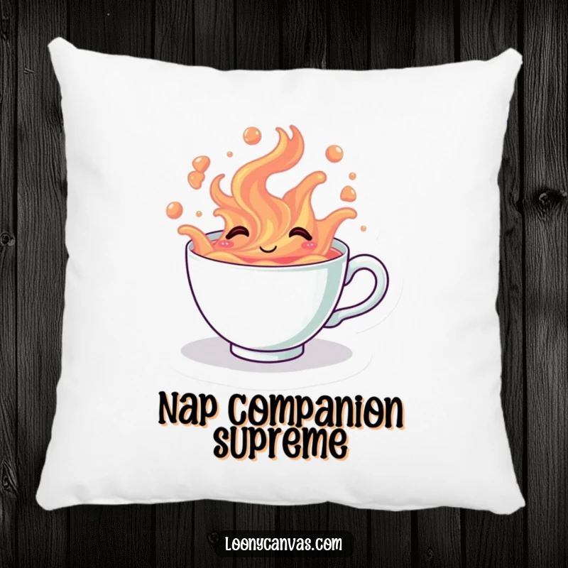 Funny kawaii giggling teacup overflowing with colorful tea on a soft pillow, perfect for adding humor and comfort.