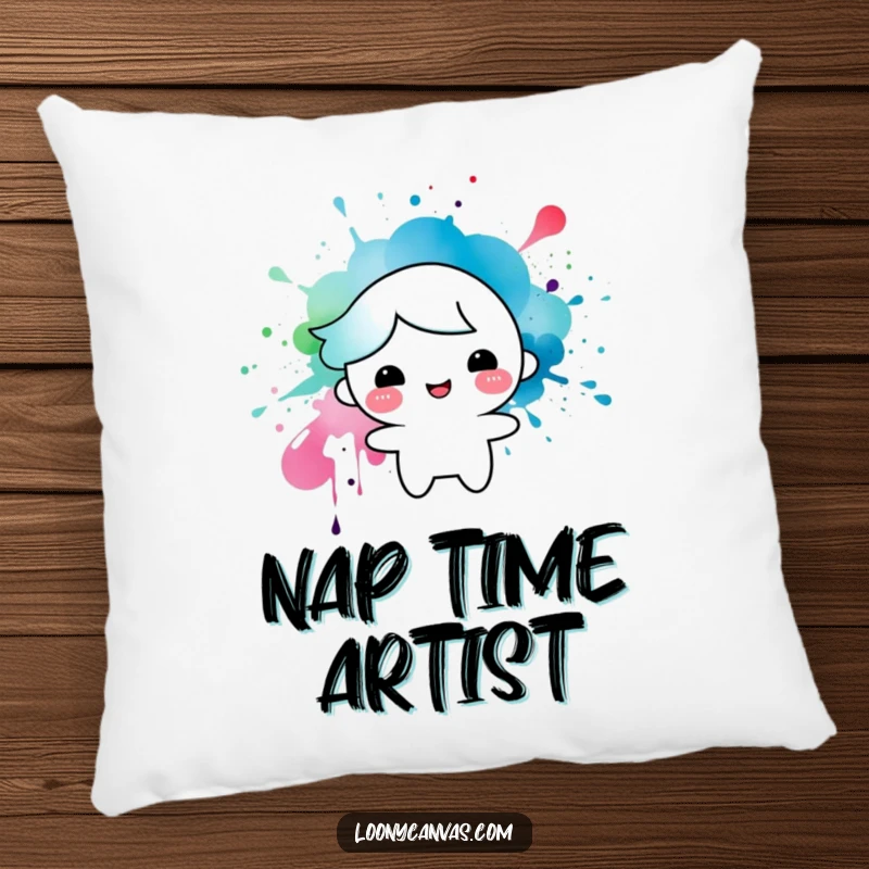 Funny pillow design of a happy little character formed from an ink splatter, a soft and artistic accent for any home.