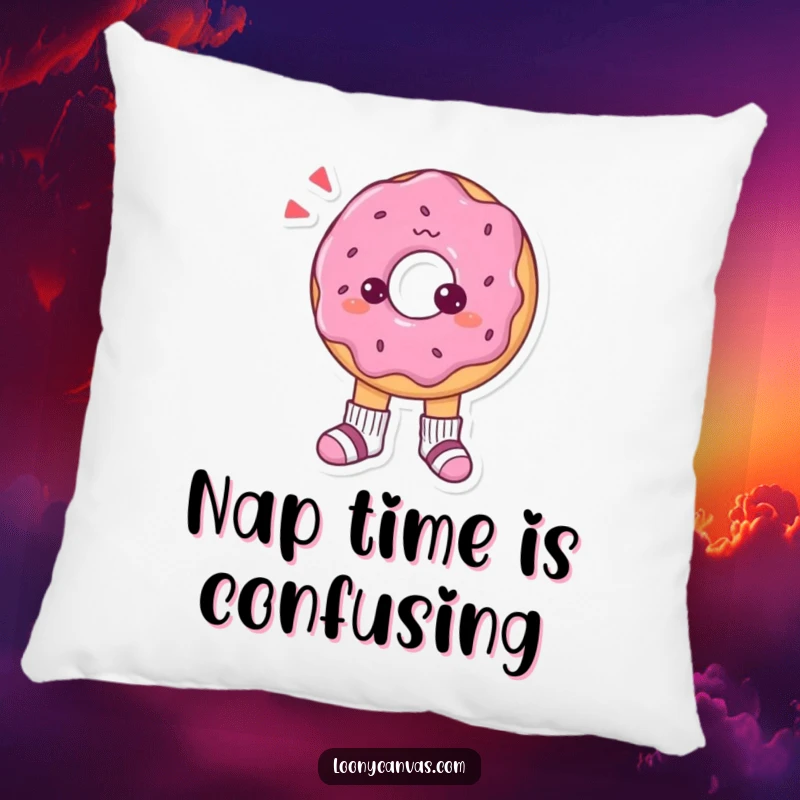 Funny pillow featuring a confused donut character looking quizzically at its tiny, mismatched socks, adding whimsy to any room.