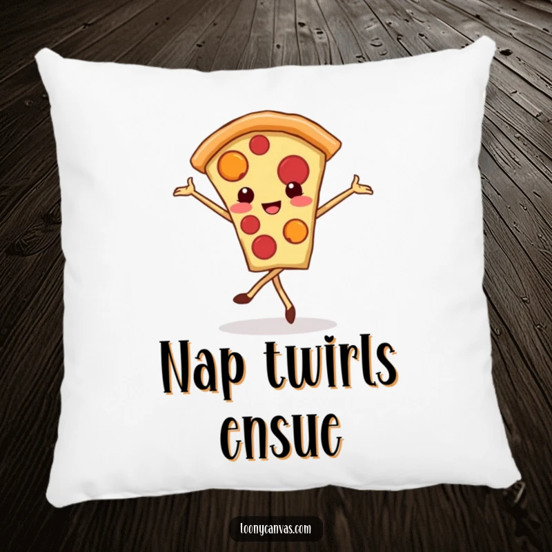 Funny kawaii pizza slice pillow, a smiling pizza slice doing a ballet pirouette, offering comfort and playful decor.