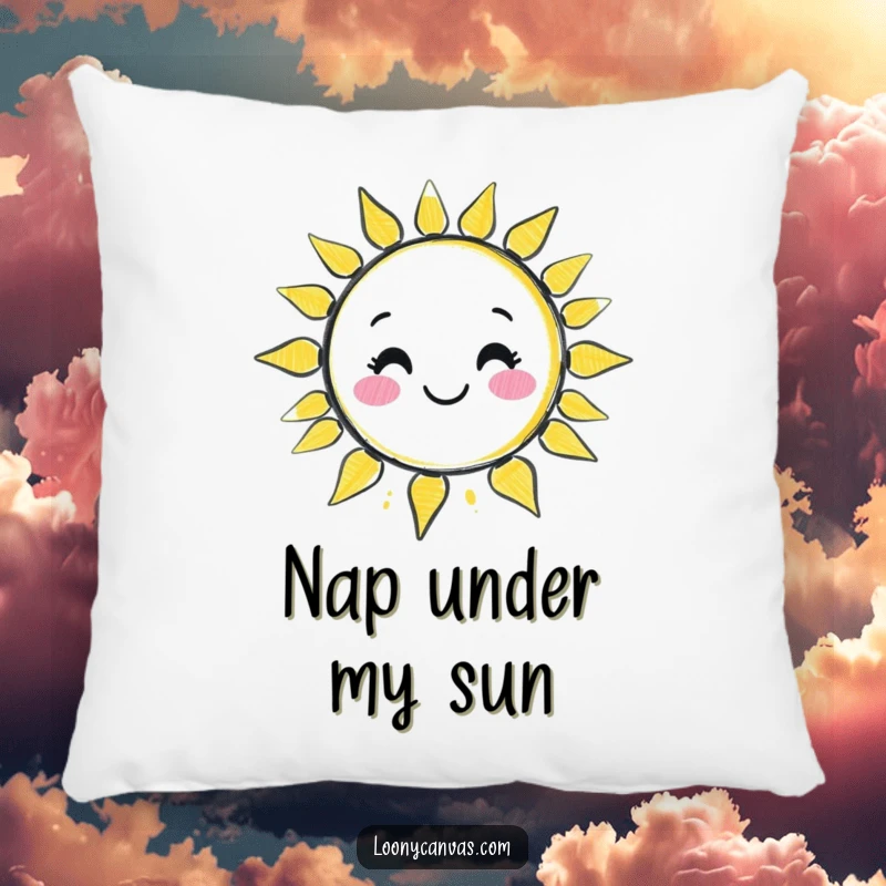Funny kawaii chalk character drawing a wobbly, smiling sun on a soft decorative pillow, adding a cheerful touch.