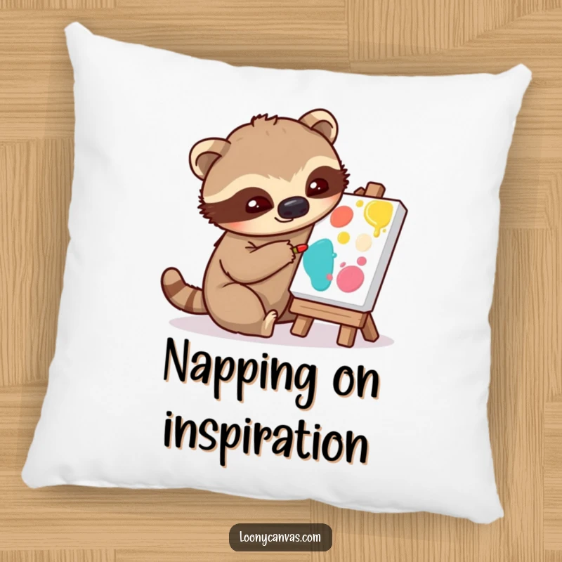 Funny pillow design of a playful sloth character slowly painting on a tiny canvas, a soft and humorous accent.