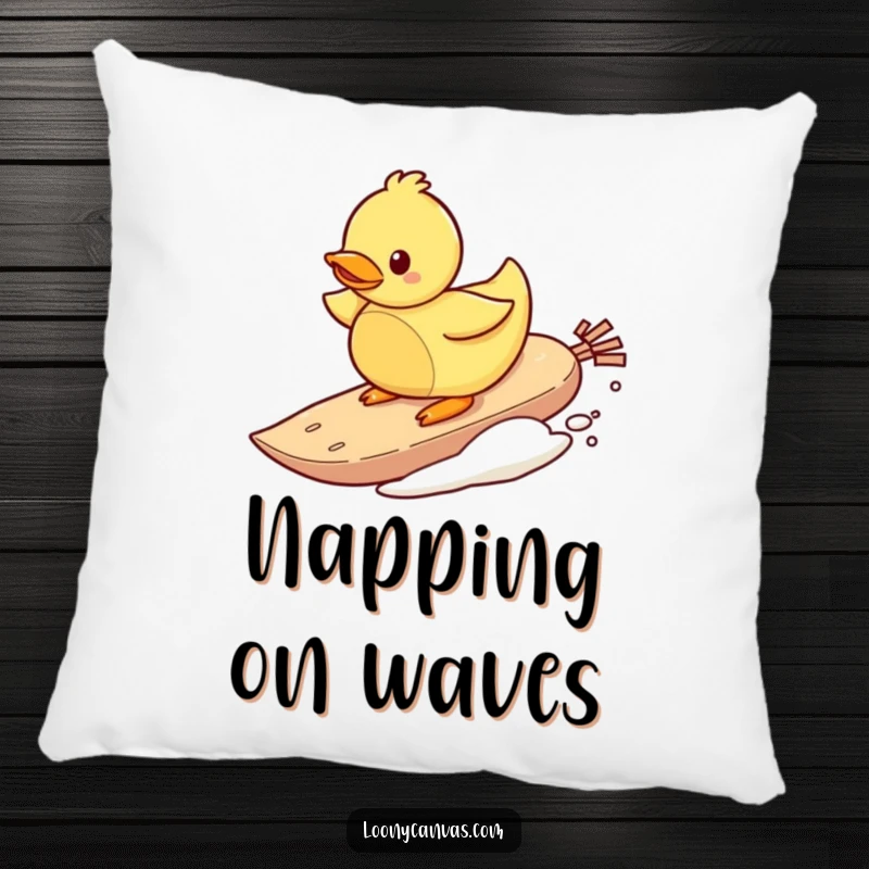 Funny pillow design of a playful rubber ducky surfing on a teabag, offering soft comfort and whimsical aquatic humor.