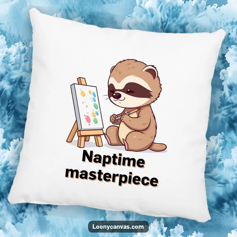 Funny playful sloth character slowly dabbing paint onto a tiny canvas on a decorative pillow, for art lovers.