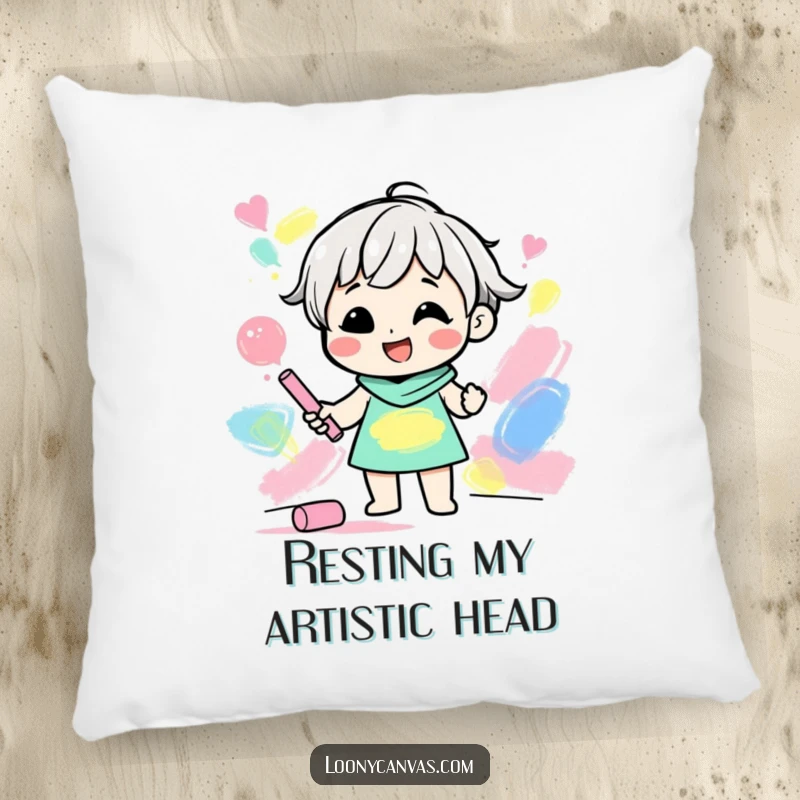 Funny pillow featuring a gleeful character creating abstract shapes with colored chalk, bringing artistic comfort.