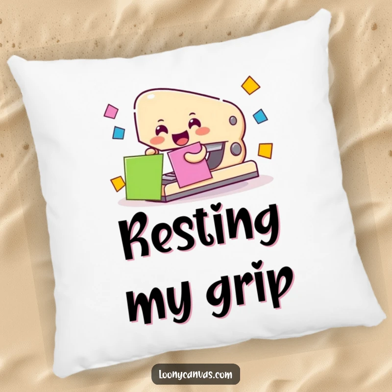 Cheerful stapler character joining colorful paper squares, printed on a plush pillow.