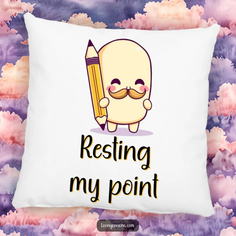 Funny kawaii pencil character adding a tiny mustache doodle, printed on a soft decorative pillow for a playful touch.