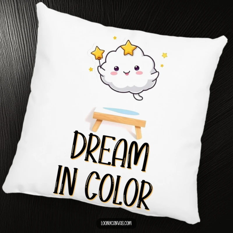 Funny kawaii starry cloud character in a playful leap over a small canvas, offering comfort and artistic charm. A soft and funny pillow.