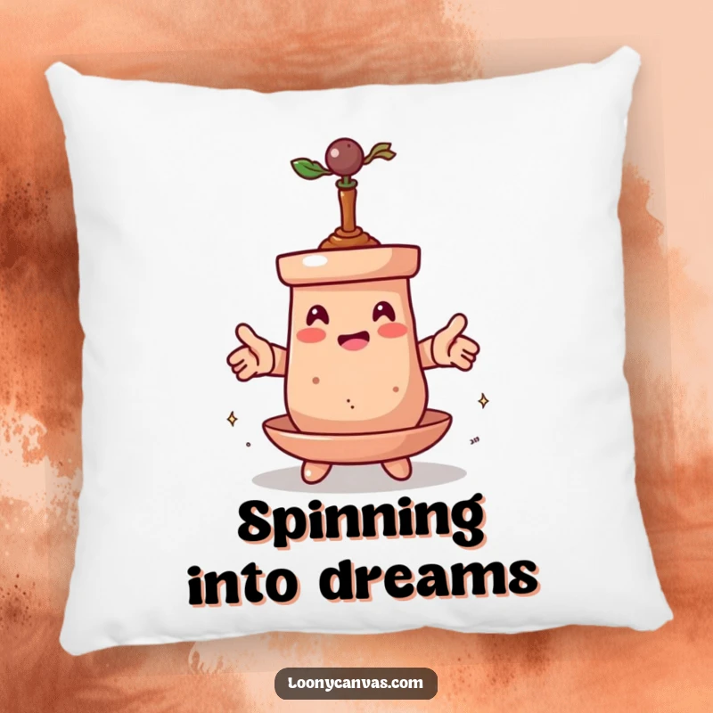 Funny pillow with a spinning clay pot character transforming itself, offering a soft, humorous accent for sofas and beds, perfect for art enthusiasts.