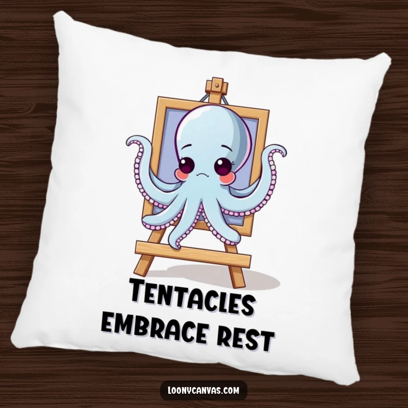Funny goofy octopus character trying to hang a painting with all arms on a decorative pillow, for home decor.