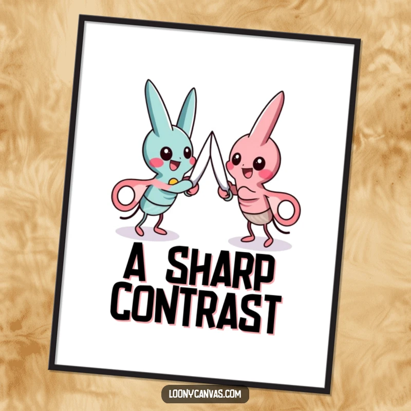 Funny digital art print of two playful scissor characters engaged in a friendly, spirited cutting duel.