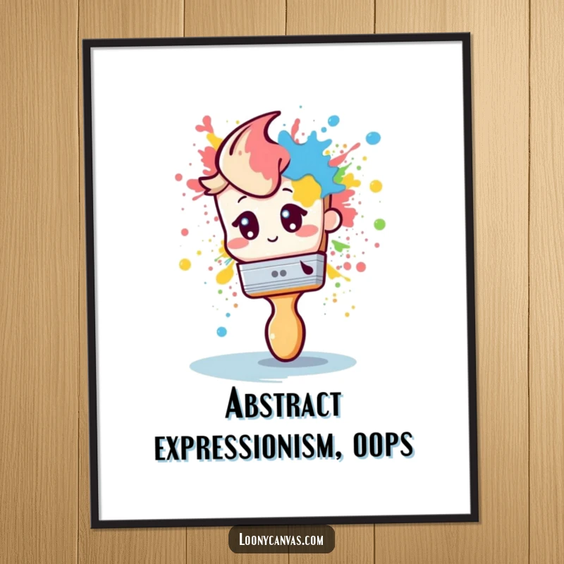 Funny digital art print of a shy paintbrush dramatically splattering paint, a humorous and artistic wall decor piece.