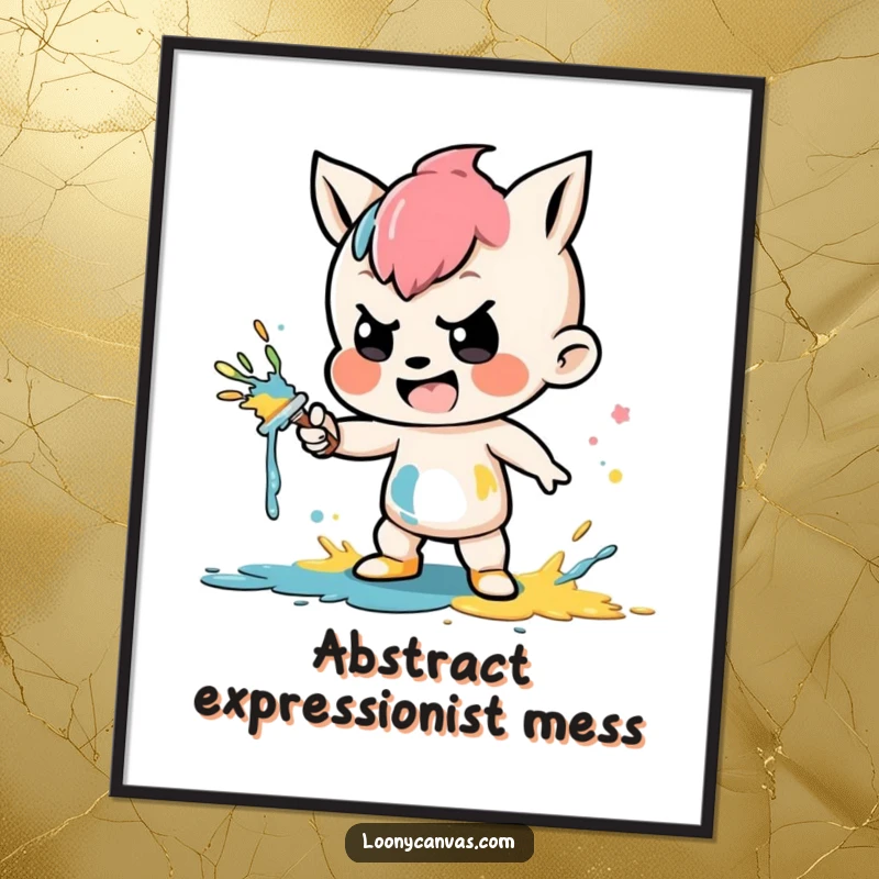 Funny digital art print of a mischievous character joyfully splattering colorful paint, creating vibrant and humorous wall decor.