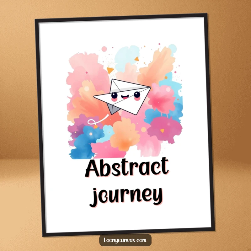 Funny digital art print of a happy paper airplane character soaring through a vibrant, abstract, and energetic background.
