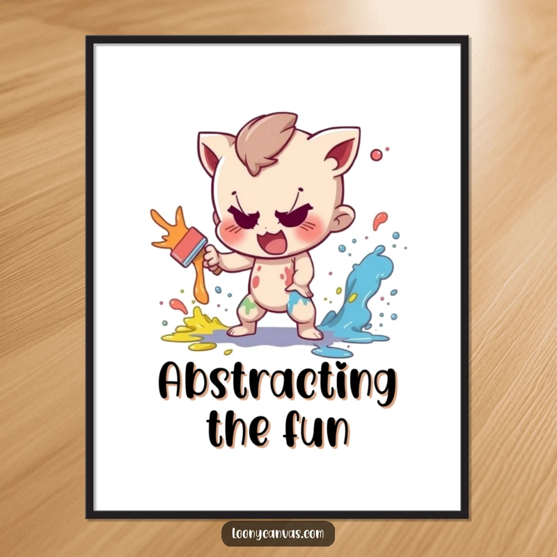 Funny digital art print of a mischievous character playfully splattering paint, celebrating vibrant and chaotic creativity.