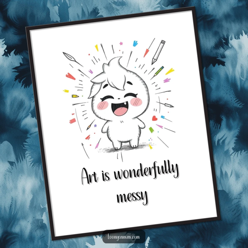 Funny giggling Kawaii pencil character drawing a chaotic scribbled masterpiece, a humorous and downloadable digital art print.