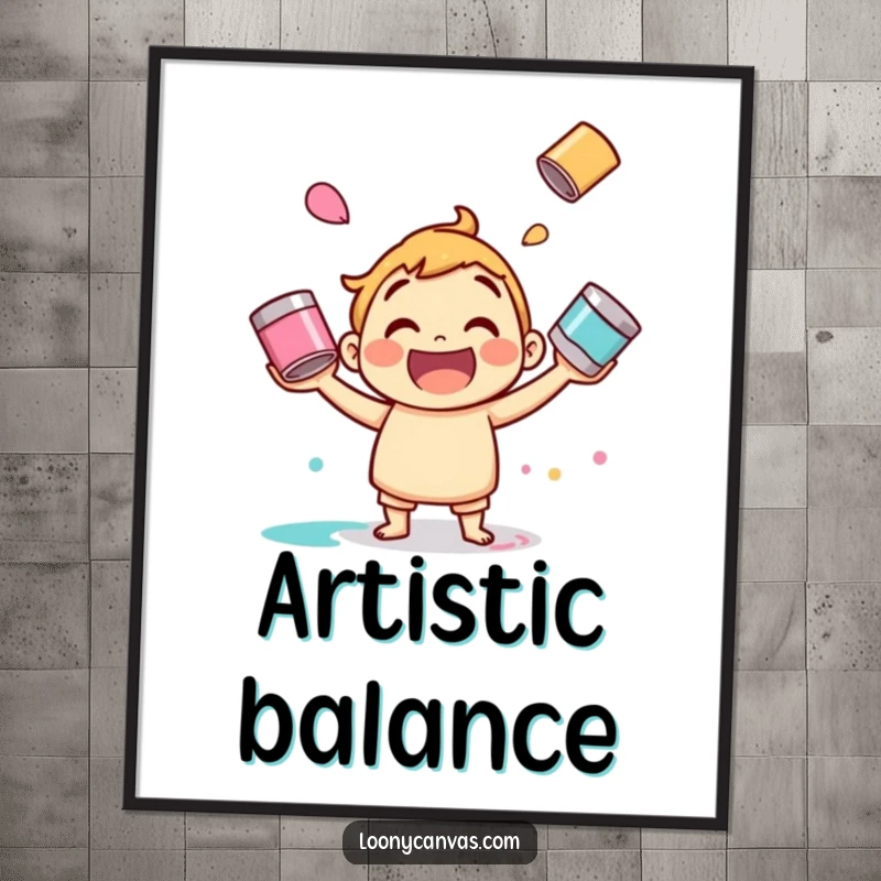 Funny juggling paint digital art, a jolly character skillfully juggling paint cans. Instant downloadable art.