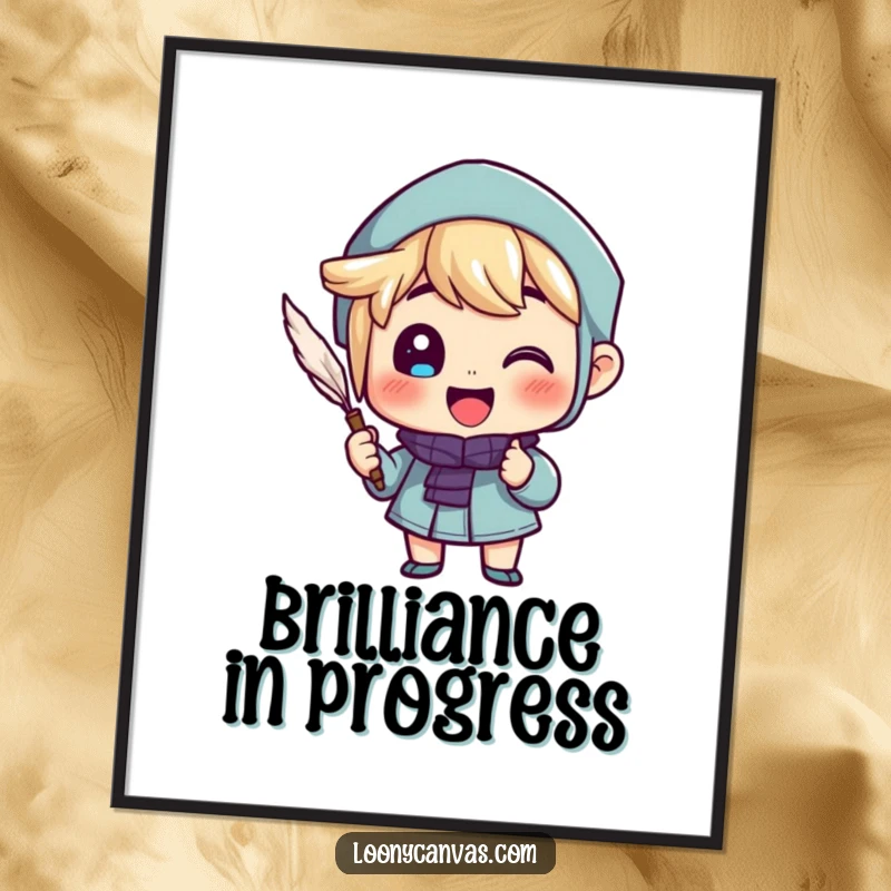 Funny digital art print of a cheerful character enthusiastically writing with a quill pen, celebrating creativity.