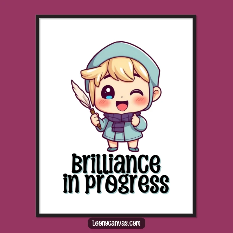 Funny Digital Art: Cheerful Character Quill Writing Enthusiastic Wall Decor Gift