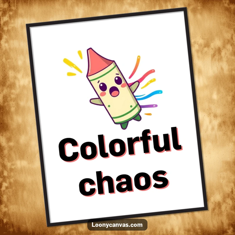 Funny surprised crayon character spinning uncontrollably, leaving a colorful streak in a digital art print, embodying vibrant energy and playful chaos.