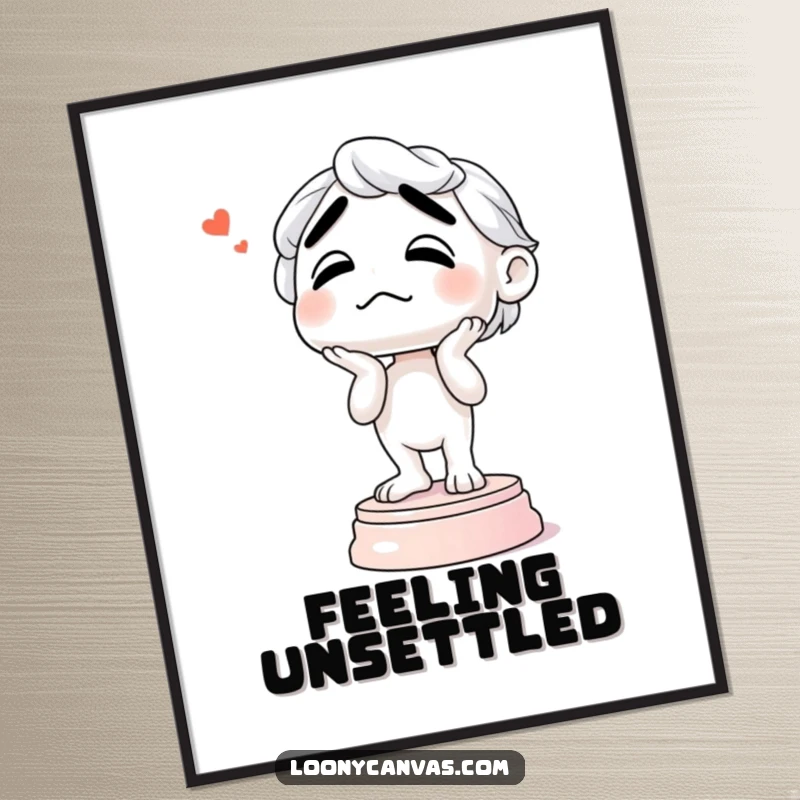 Funny digital art print of a confused sculpture wobbling unstably on its base, a humorous and thought-provoking piece of art.