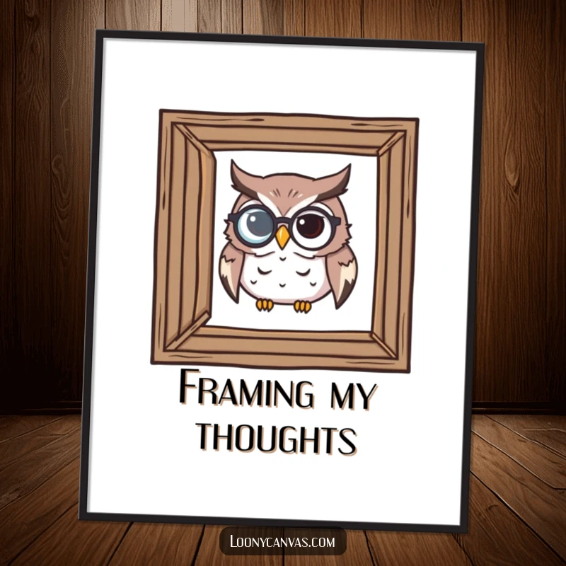 Funny digital art print of a determined owl wearing a monocle, intently examining a crooked frame, symbolizing critical thought.