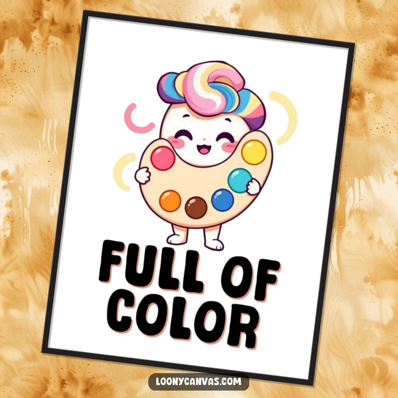 Smiling palette character holding a vibrant swirl of colors, as a digital art print.