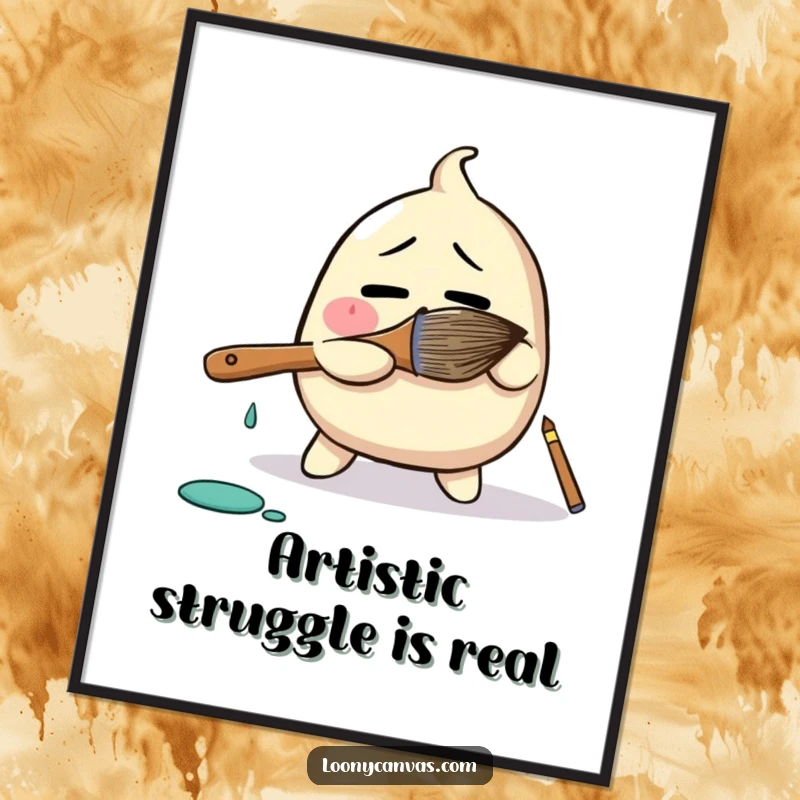 Funny digital art print of a bewildered blob character comically wrestling a giant paintbrush, providing instant artistic humor and visual delight.