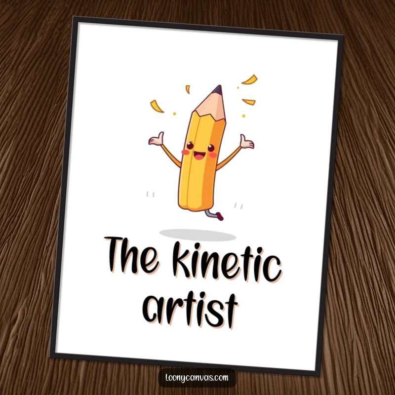 Funny digital art print of a cheerful dancing pencil with flying shavings, capturing the essence of artistic joy.