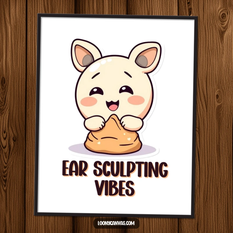 Funny digital art print of a delighted circle character comically sculpting clay with its ears, a whimsical decoration.