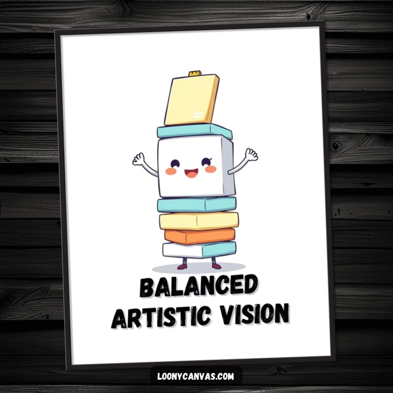 Funny digital art print of a cheerful cube character enthusiastically balancing a stack of wobbling canvases, providing instant artistic humor.