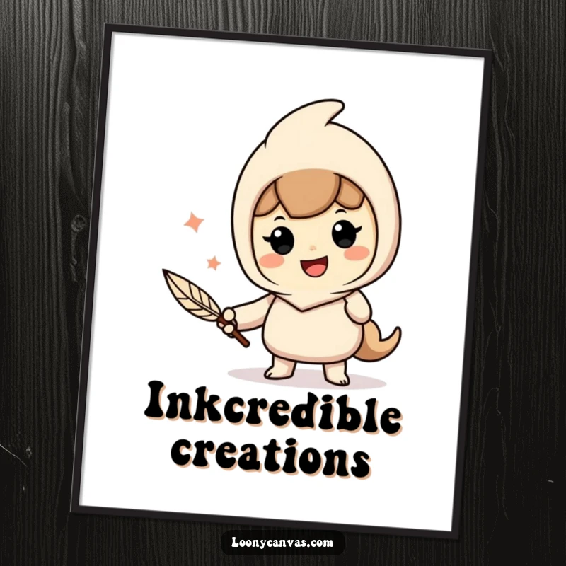 Funny digital art print depicting a cheerful character with a quill pen, passionately writing, ideal for literary decor.