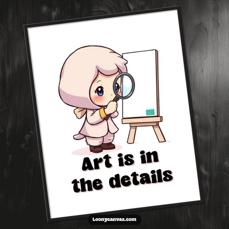 Funny digital art print of a curious character intently examining a canvas with a magnifying glass, ideal for thoughtful wall decor.