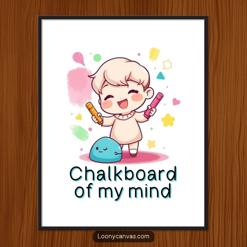 Funny digital art print of a gleeful character joyfully creating abstract shapes with colorful chalk, ideal for vibrant wall decor.