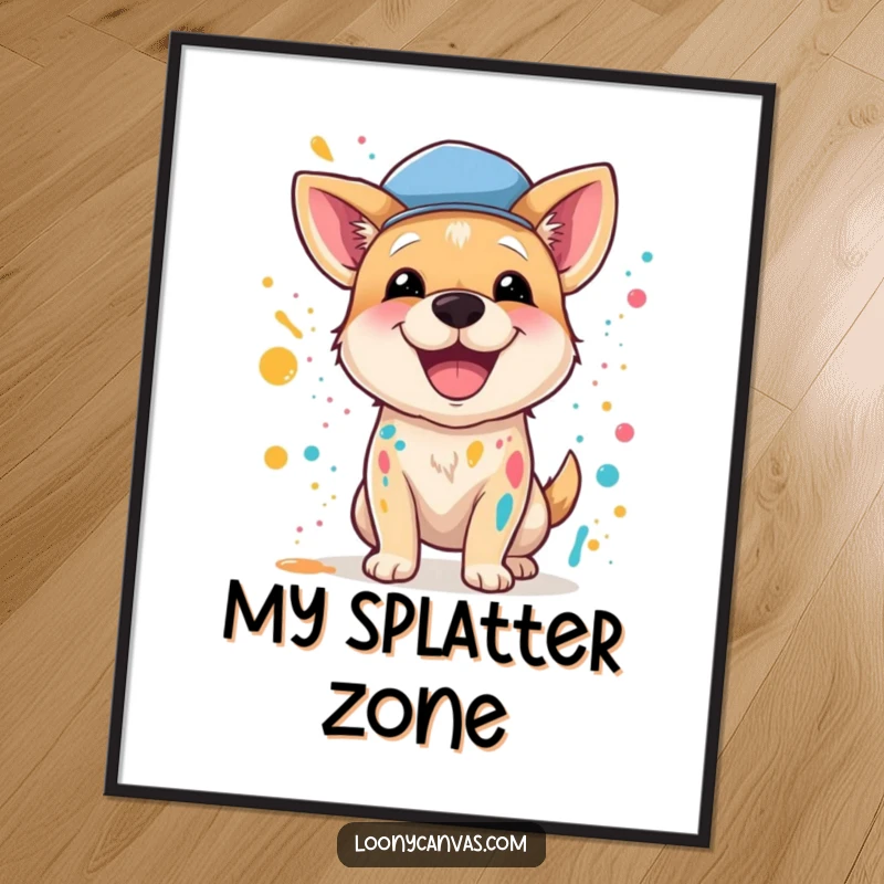 Funny digital art print of a happy dog wearing a beret, enthusiastically splattering paint in an abstract expressionist style.