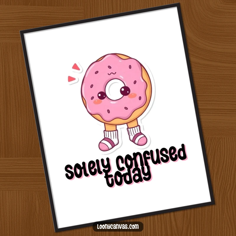 Funny digital art print of a confused donut character looking down at its tiny, mismatched socks with an expression of adorable bewilderment.