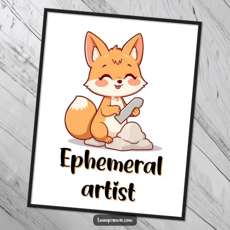 Funny digital art print of a cheerful fox using a chisel to sculpt a cloud, embodying whimsical artistic creativity.