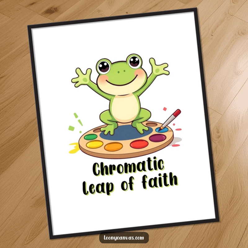 Funny joyful frog character jumping into a paint palette, this digital print bursts with color and humor.