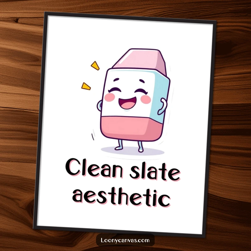 Funny digital art print of a giggling eraser character hilariously removing a giant, abstract drawing with a wide grin.